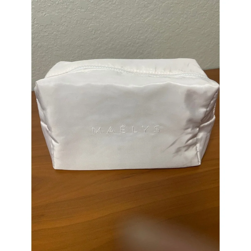 MAELYS Cosmetics White Makeup Bag Pink Interior Satin Travel Toiletry Pouch